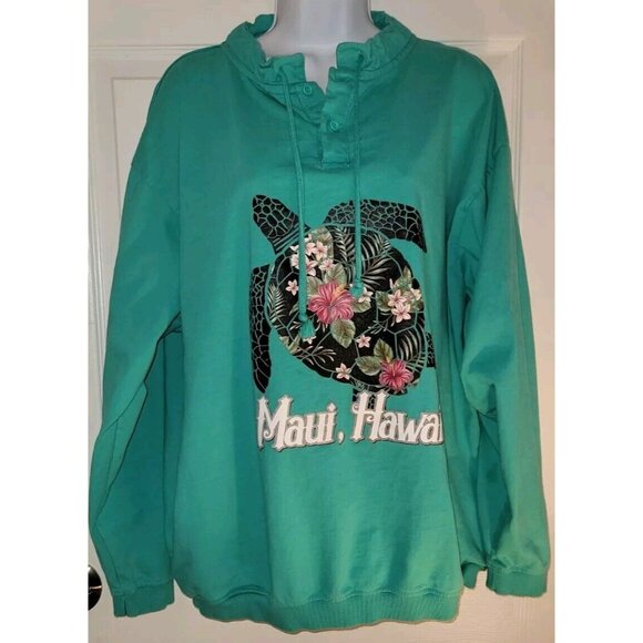 Vintage ALOHA Maui Hawaii Sea Turtle Beach  Teal Sweatshirt Graphic Floral XL - Picture 2 of 7